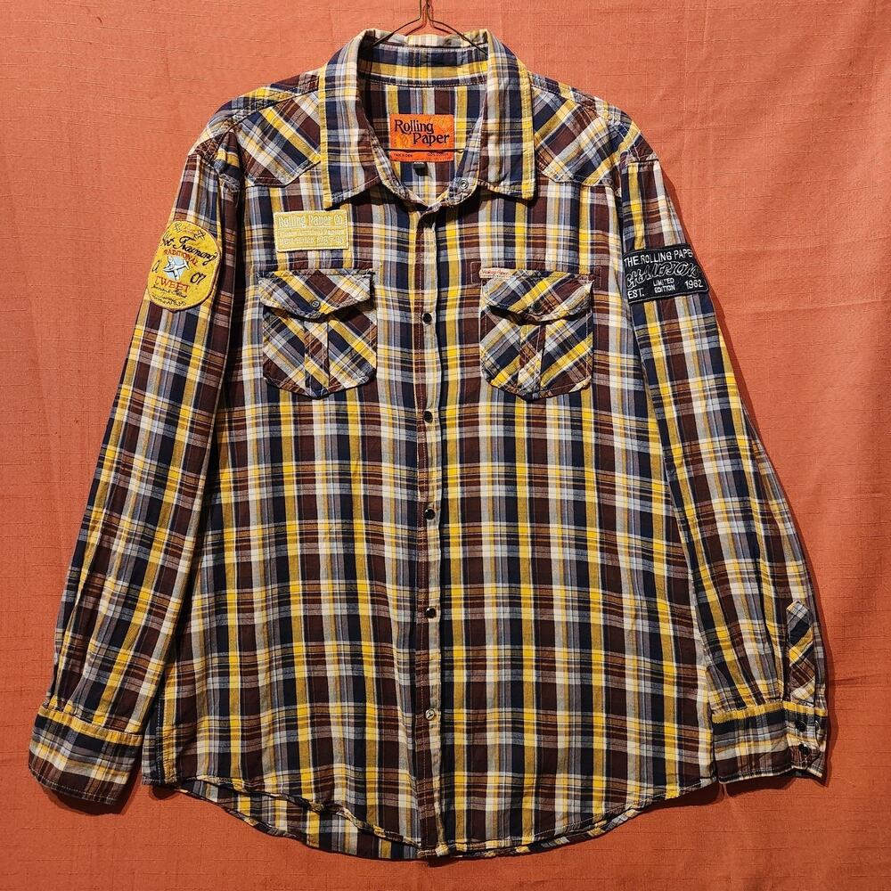 Rolling Paper NYC Men's 3XL Long Sleeve Shirt Brown Plaid Snap Pilot Patches